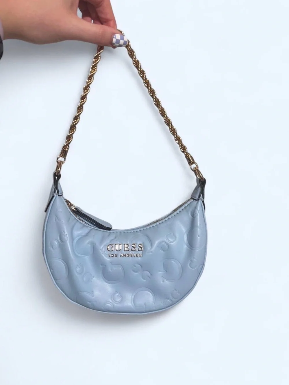 GUESS Light Blue Embossed Chain-Handle Shoulder Bag